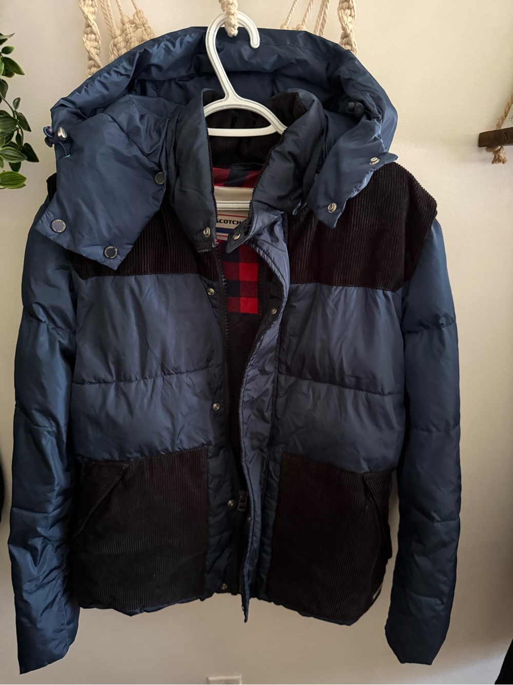 Scotch & Soda Navy and Black Puffer Jacket with Corduroy Panels